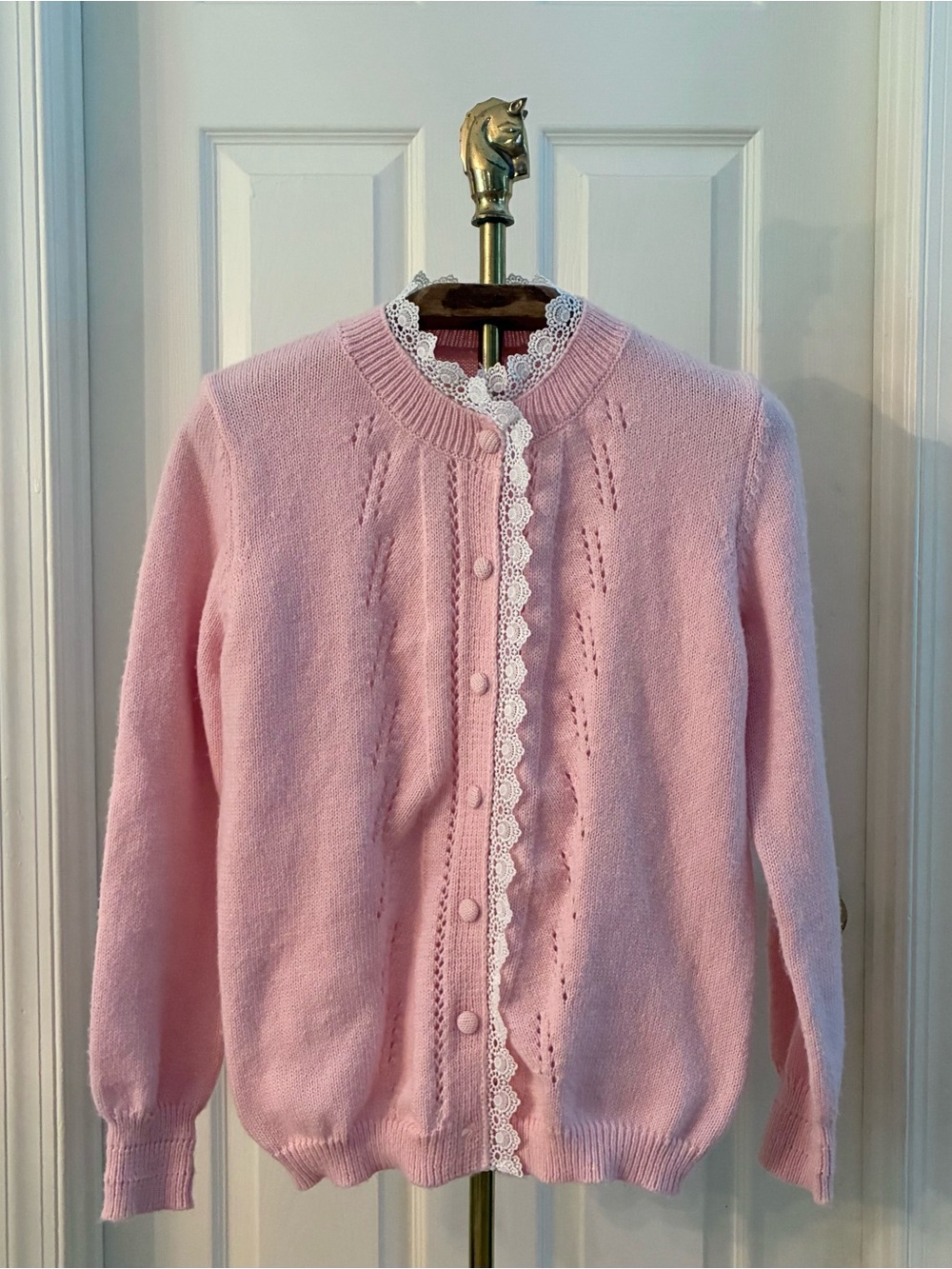 Soft Light Pink Lace Trim Knit Cardigan Sweater